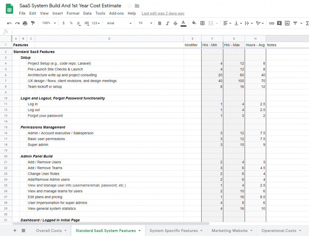 SaaS System Build and Cost Estimate spreadsheet template