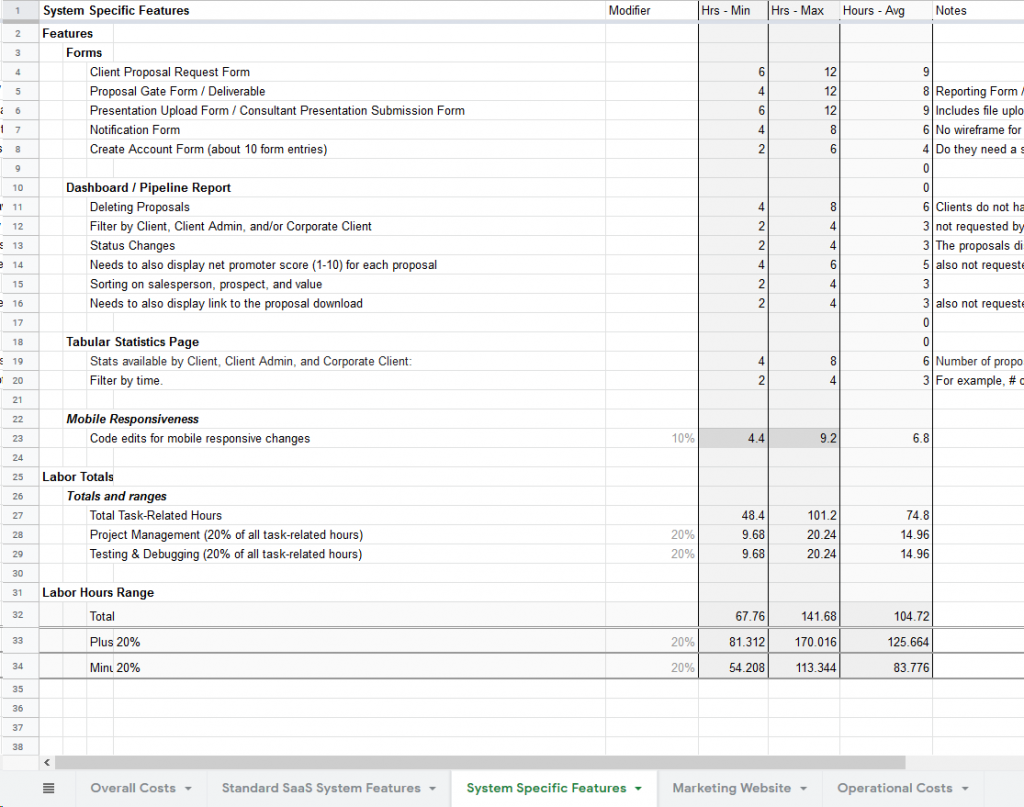 SaaS system features spreadsheet template